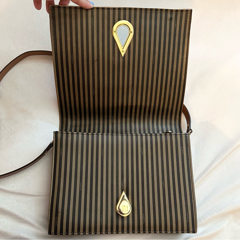 Vintage Fendi Pequin Stripe Flap Crossbody/ Shoulder Bag Purse tan black EUC - Picture 8 of 16